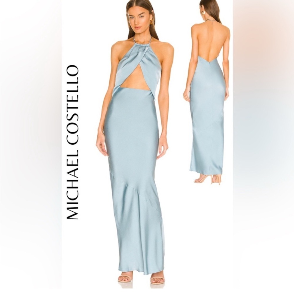 Michael Costello Sky Blue Backless Gown